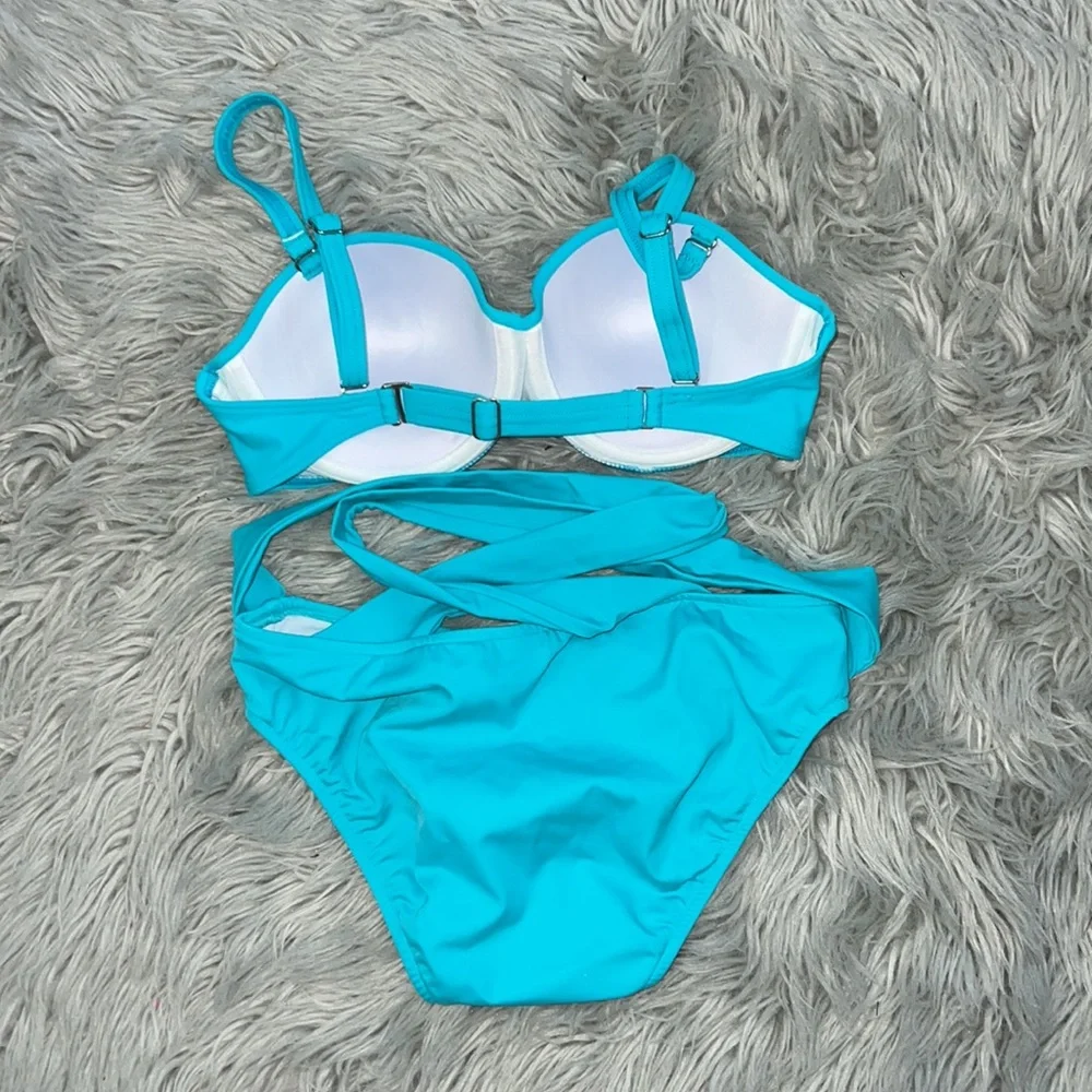 Venus Light Turquoise Blue Wrap Cut-Out Bottoms & Bandeau Twist Top Bikini